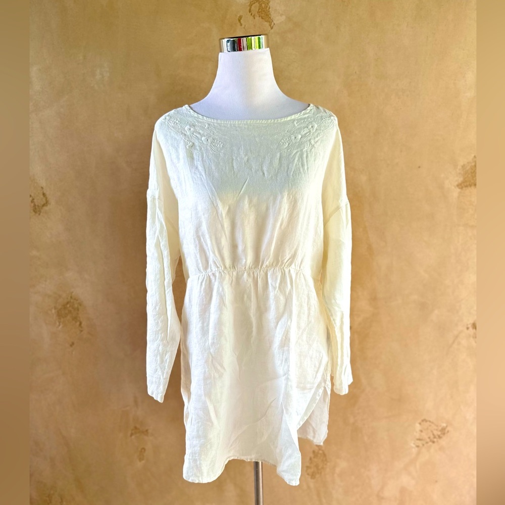Uniqlo Premium 100% Linen Boho Long-Sleeve tunic Dress coverup Size M off-white